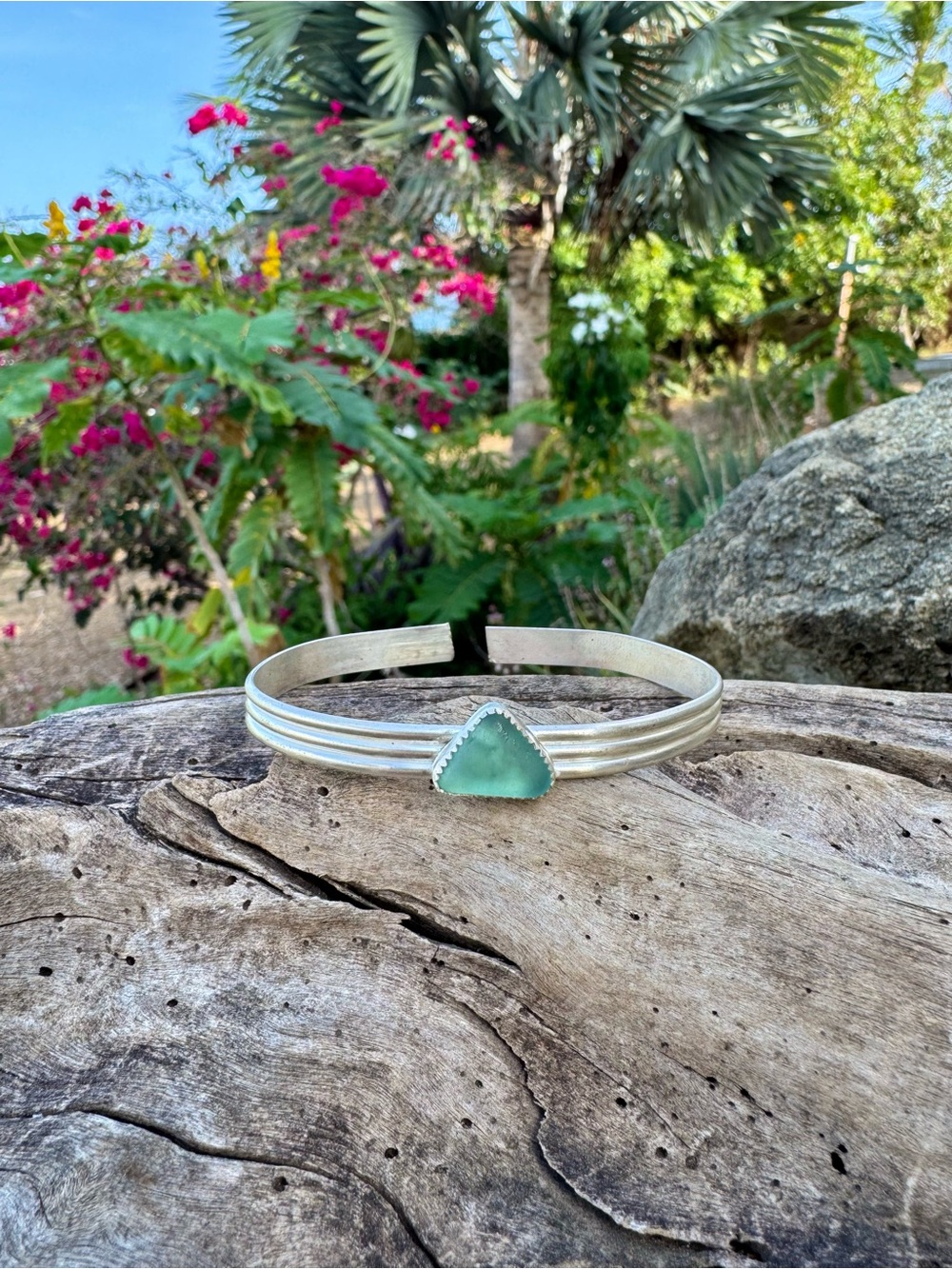 Sterling Silver Cuff Bracelet with bright blue sea glass